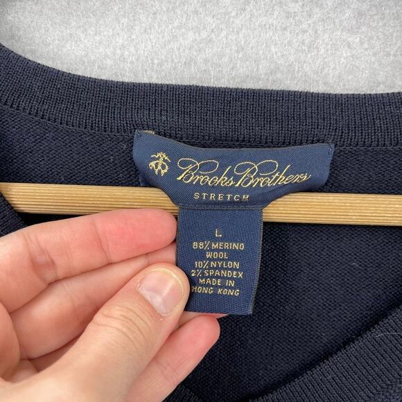 Brooks Brothers Wool Blend Sweater Mens Large Navy Blue V-neck Preppy *flaw - Picture 2 of 8